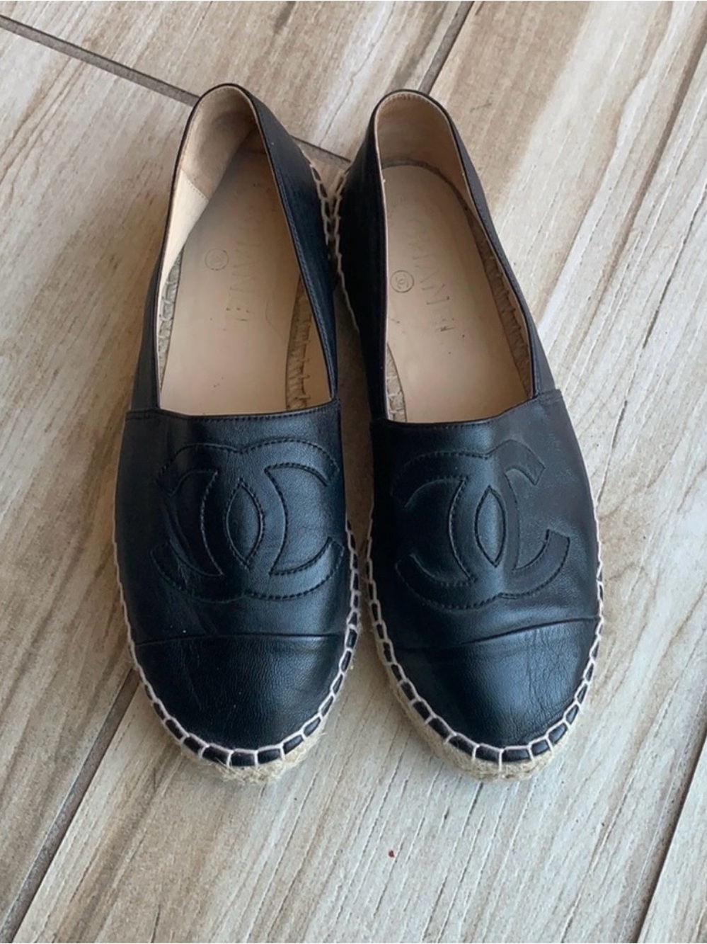 CHANEL Black Leather Espadrille Slip-On Flats